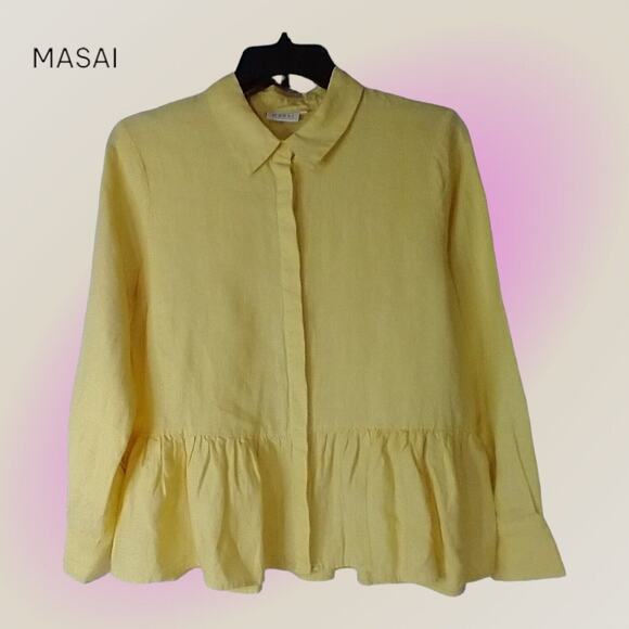Masai Copenhagen Idana Linen Button-Up Yellow Blouse Size Medium - Peplum Hem - Picture 1 of 9